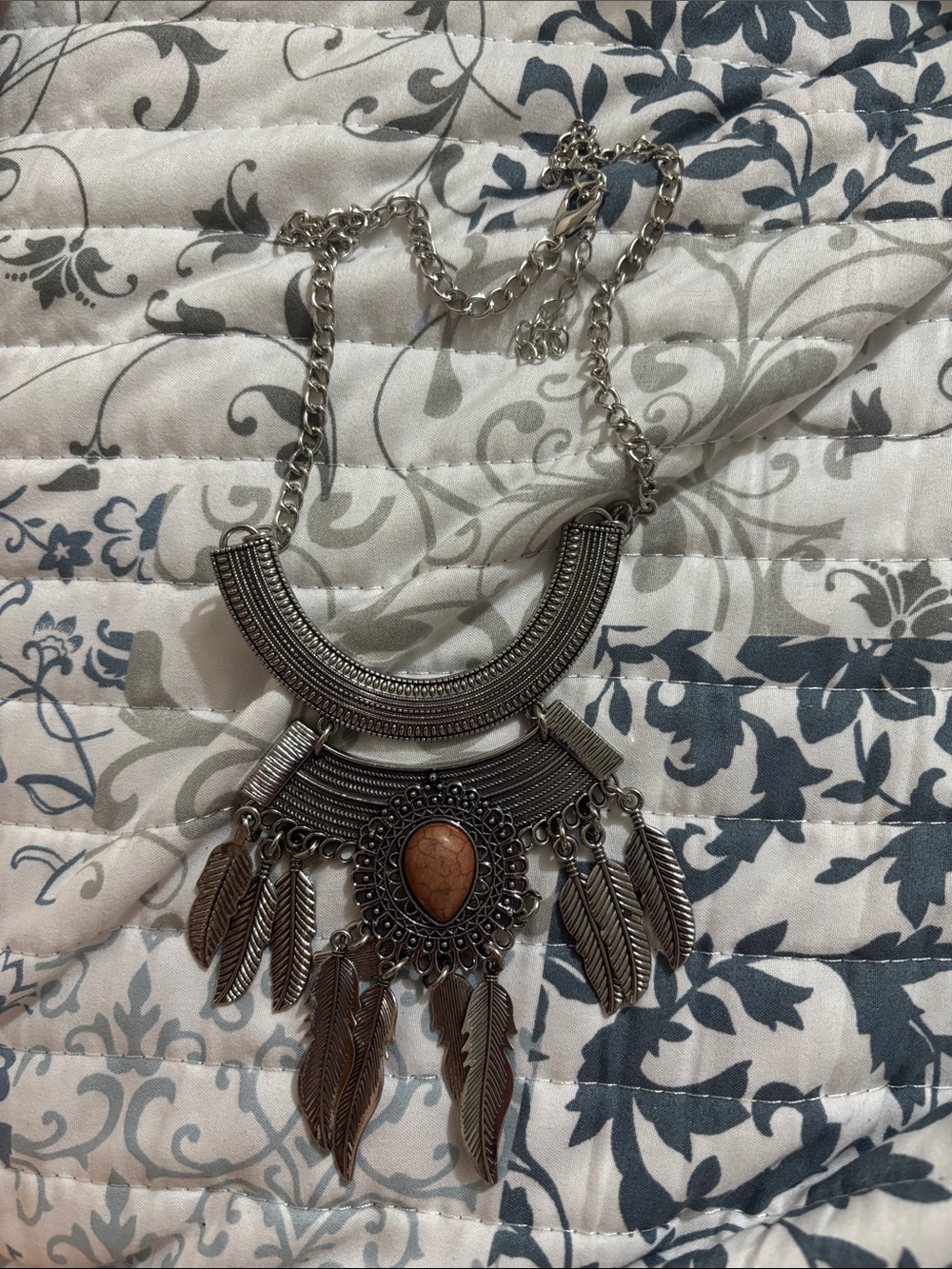 Boho Silver-Tone Feather Pendant Necklace with Brown Stone